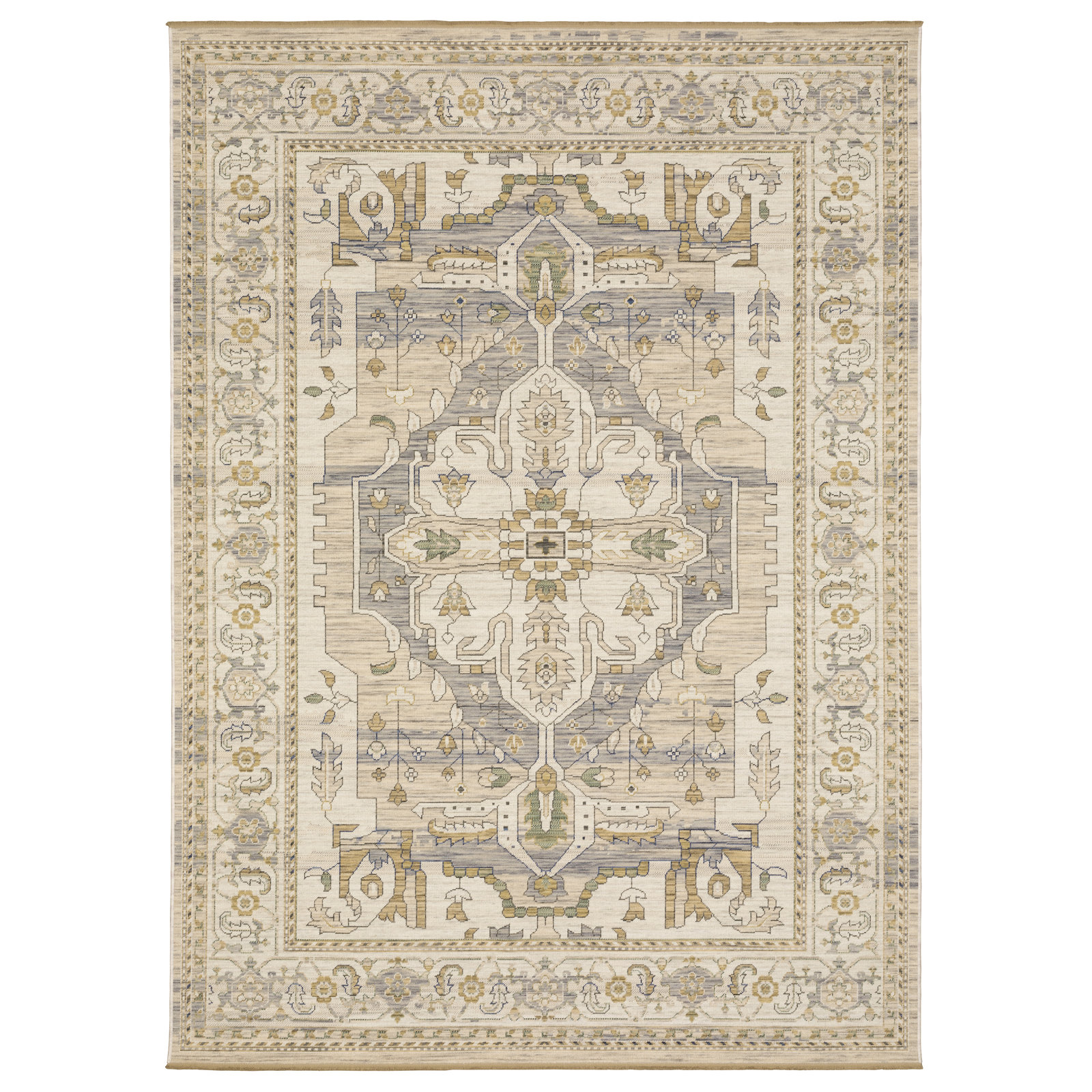 Abena Beige Gray Medallion Oriental Wool Rug, Rectangle 7'10" x 10'10"