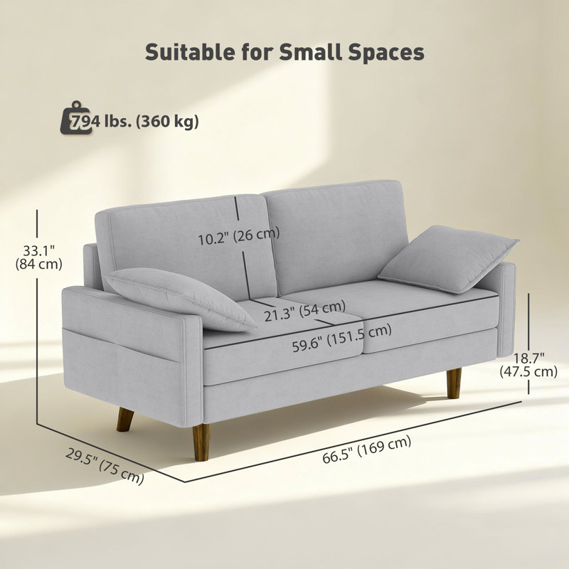 Canapé 3 places en velours 66,5 po avec 2 coussins, gris, Gray