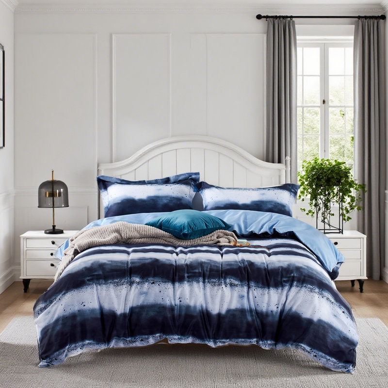 Manolla 100% Long-Staple Cotton Duvet Cover Set Navy & White Striped Watercolor Pattern Printed Comforter Cover 3pcs, Ultra Soft & Breathable Bedding Set