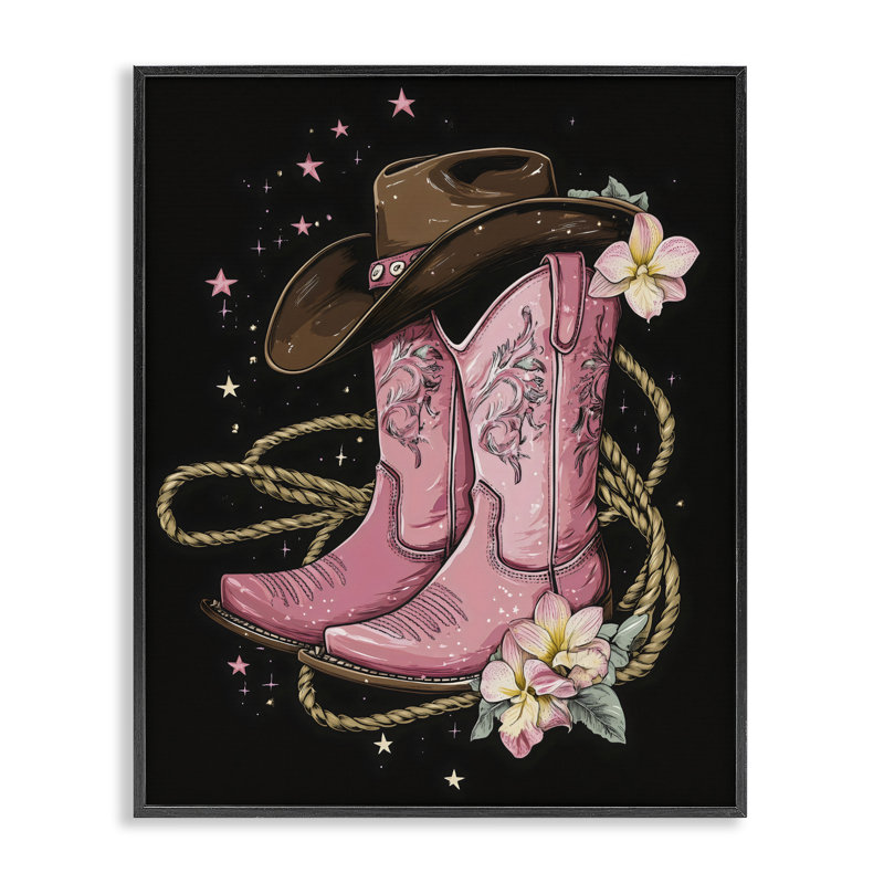 Bottes roses occidentales chic, giclée, design par Creative Studio, 30 x 24, Midnight Black Giclee Framed