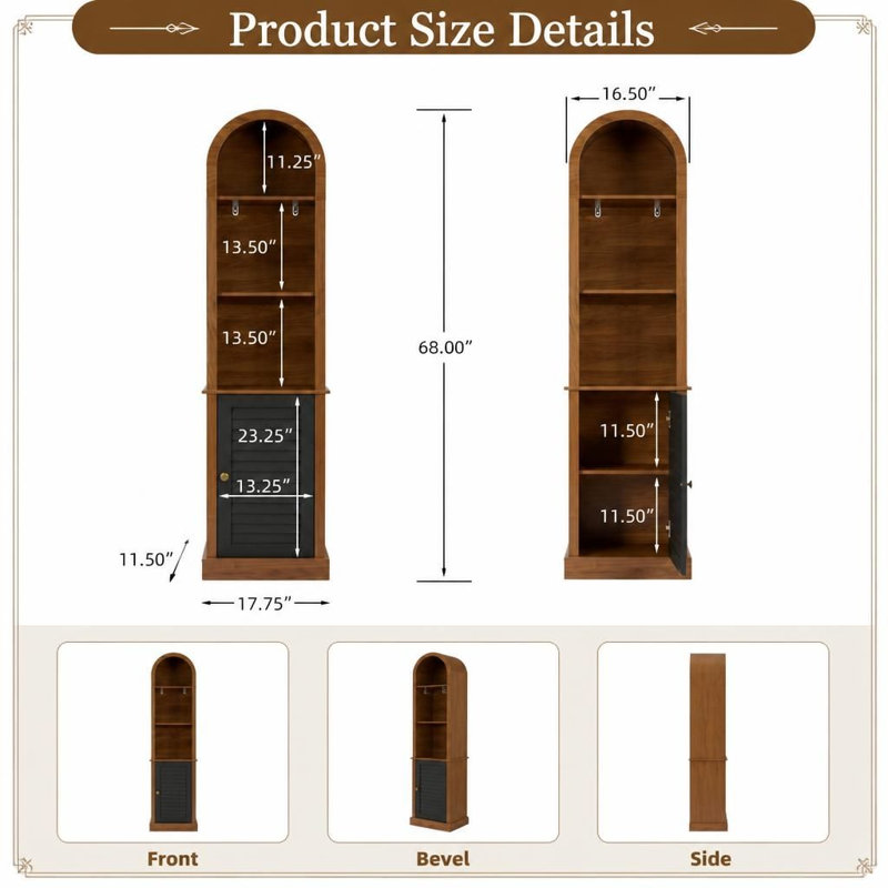 Armoire de rangement autoportante et arquée avec porte à volets, support de présentation en bois étroit avec tablettes ouvertes et compartiment caché, organisateur multifonctionnel