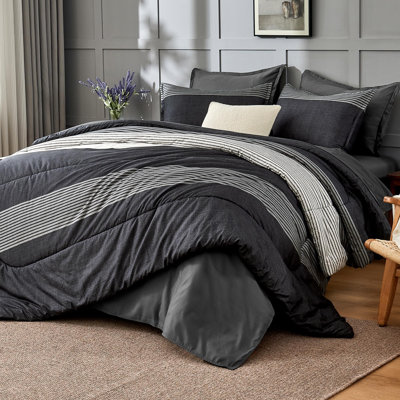 Andency Comforter Set Black White Grey Oversized King(120"x98")- 7 Pieces Striped Lightweight Bed in a Bag, Soft Reversible Bedding Set with Comforter, Fitted & Flat Sheet, Pillowcases & Shams