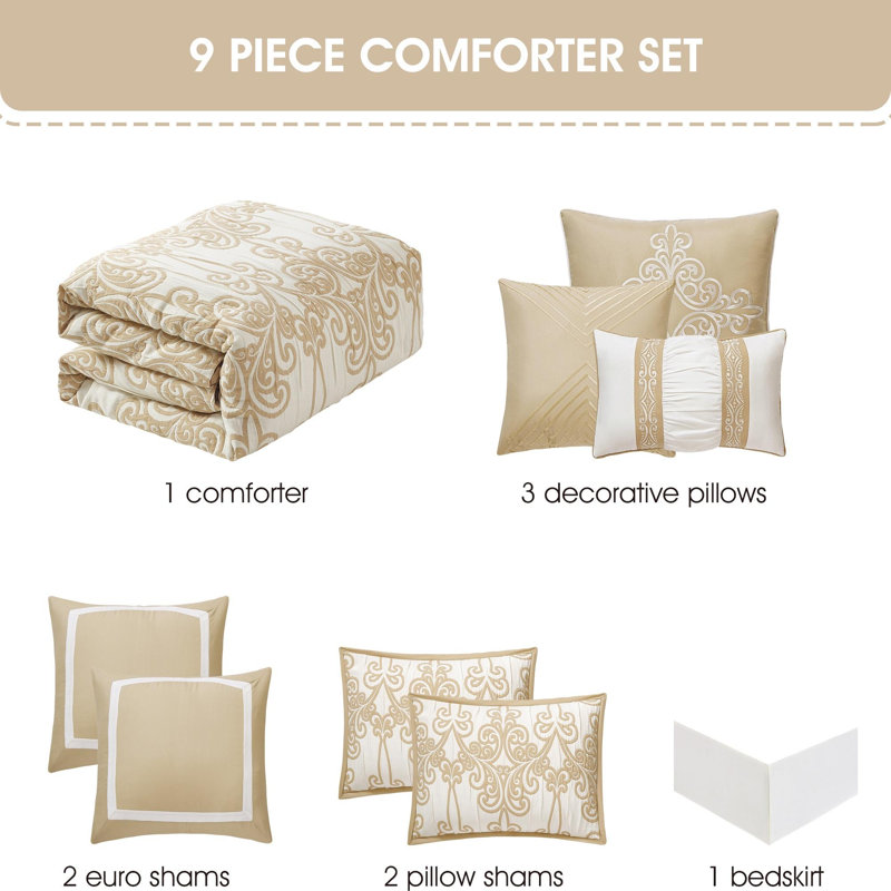 Dilona Traditional Scrolls Comforter Set, King Comforter + 8 Additional Pieces, Beige