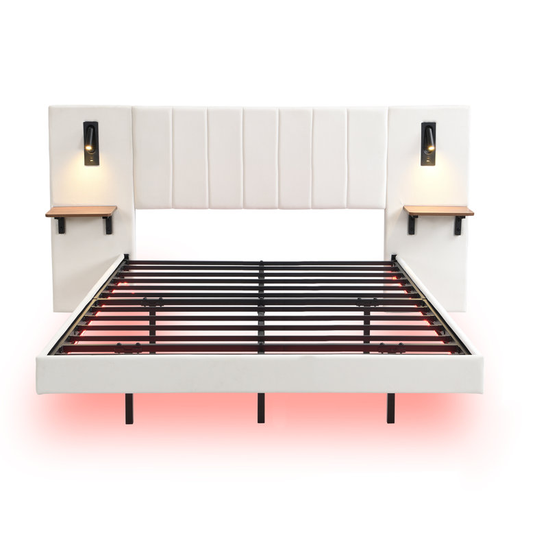 5ft Upholstered Bed With Headboard And 2 Lamps, White