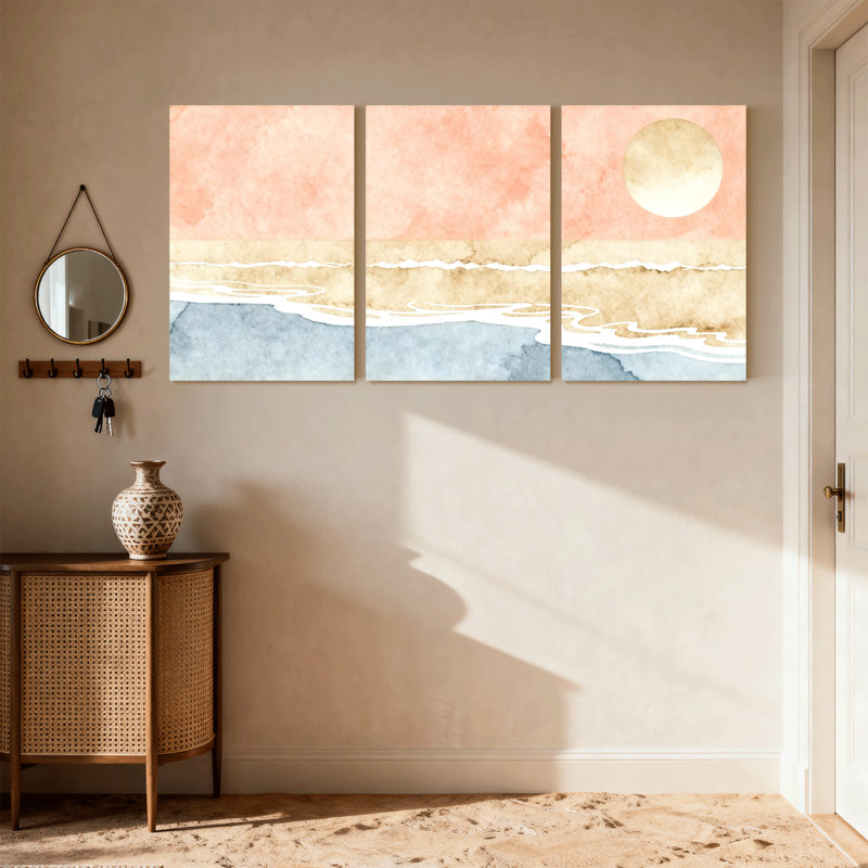 Nautique et plage, ciel pastel, coucher de soleil, océan, vagues, horizon, soleil, ensemble de 3 impressions sur toile