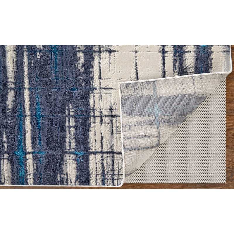 Tapis abstrait rectangulaire tissé à la machine 2 pi x 3 pi en polyester ivoire / bleu / gris Mallinson