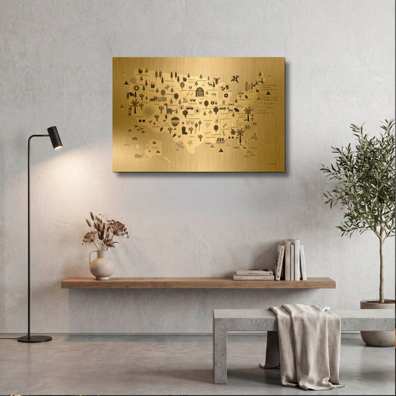 Carte amusante des États-Unis en noir et blanc, par Ann Kelle, décoration murale en métal doré, 91,4 cm x 61 cm