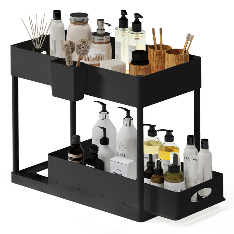 StorageBud 2 Tier Non-Slip Grip Under Sink Organizer with Utility Hooks, Side Caddy & Sliding Drawer, Black