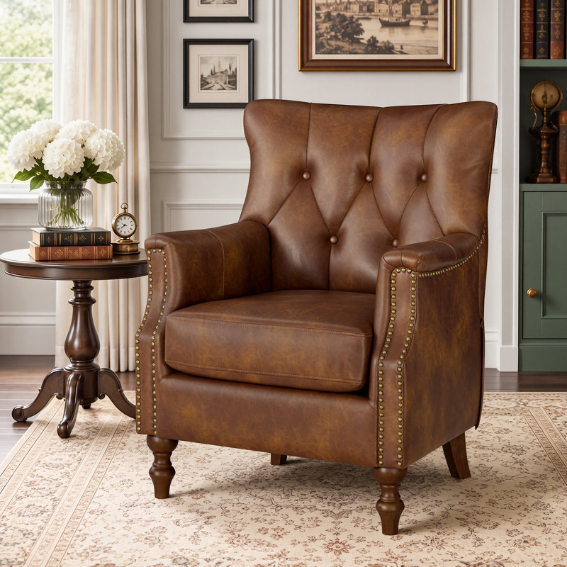 Fauteuil d'appoint Redi 29,5 po (75 cm) de largeur en similicuir, fauteuil à oreilles avec capitonnage à boutons, Brown
