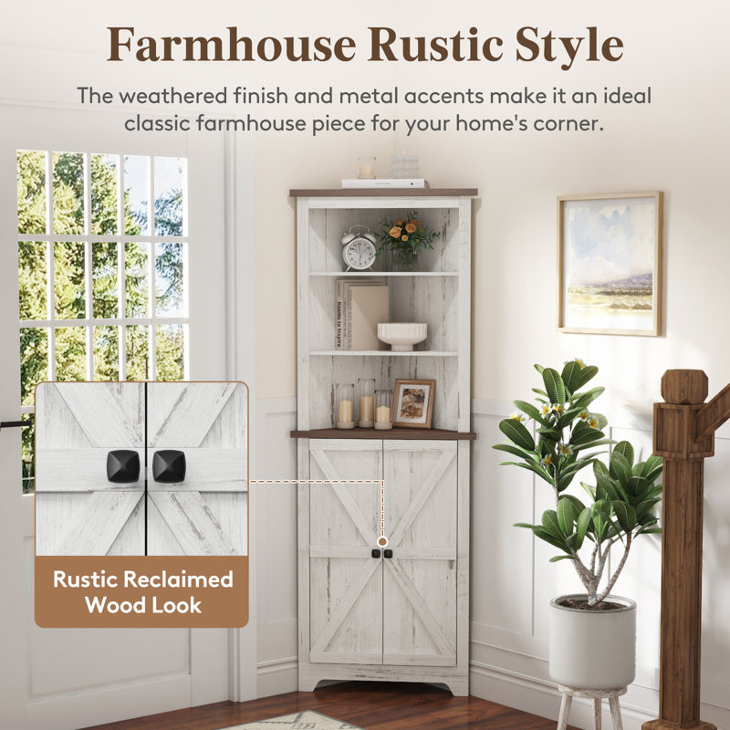 Rustic White Tall Corner Cabinet with Adjustable Shelves