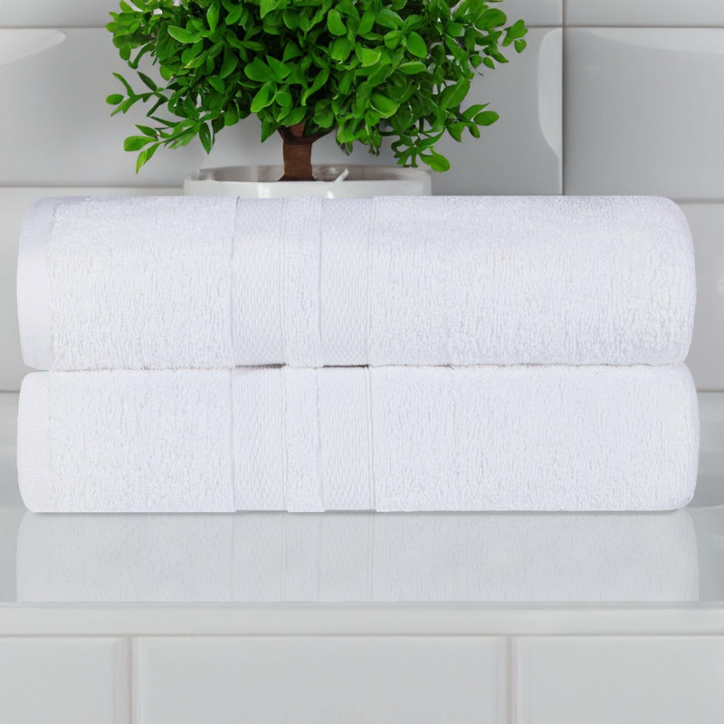 Ultra-Soft Cotton Solid Double Line Dobby Border Medium Weight Quick-Dry Bath Towel, White
