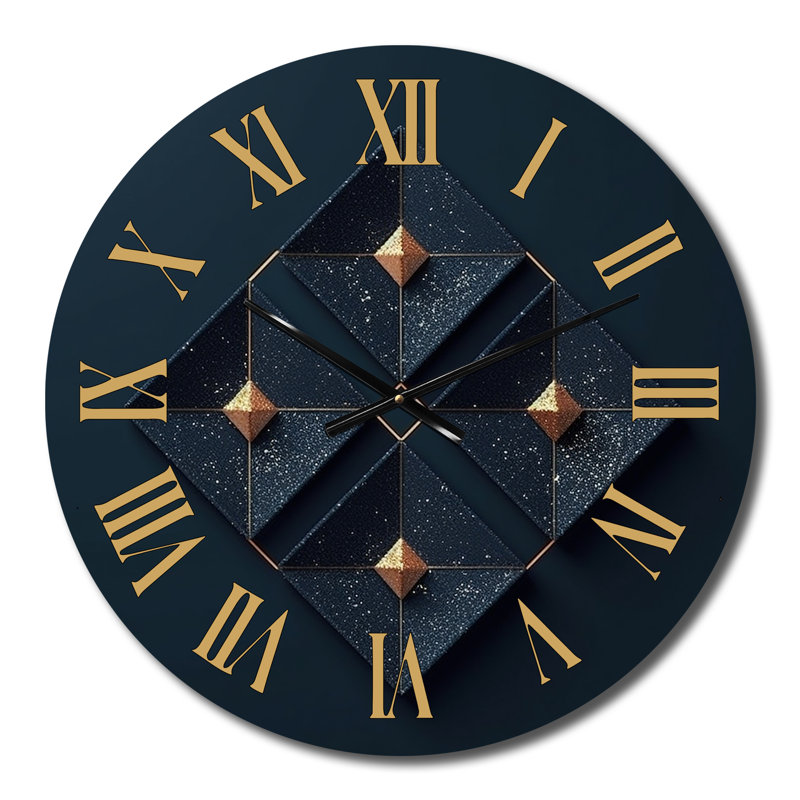 Rhombus en bleu profond et abstrait doré - horloge murale géométrique moderne, Moyenne