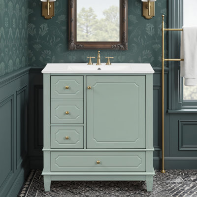 Ensemble de meuble-lavabo simple l 30 po avec lavabo en céramique, structure en bois massif, 3 tiroirs et armoire avec tablettes de porte