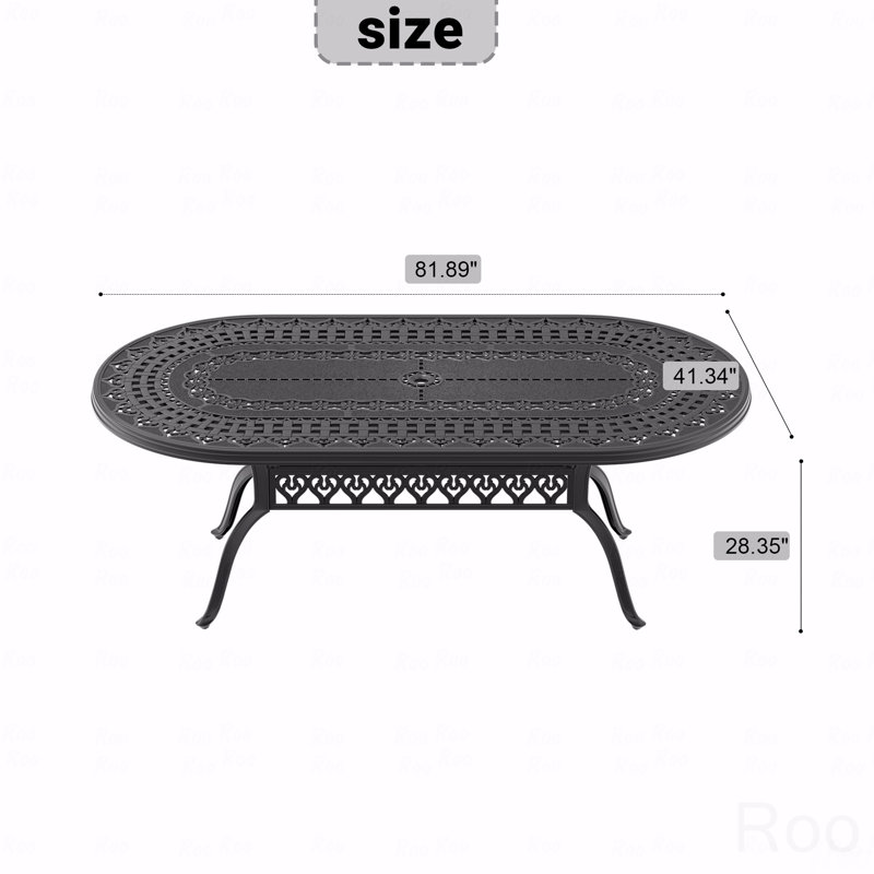 Table de salle à manger en fonte d'aluminium avec structure noire et trou pour parasol