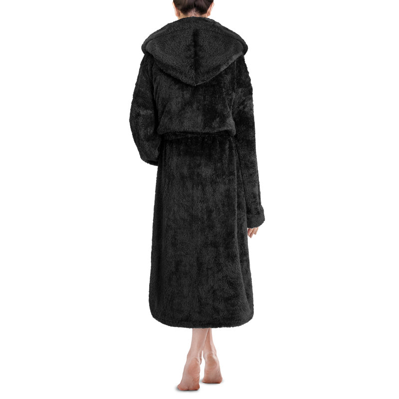 Large-X-Large Black Hooded Fleece Bathrobe with Pockets