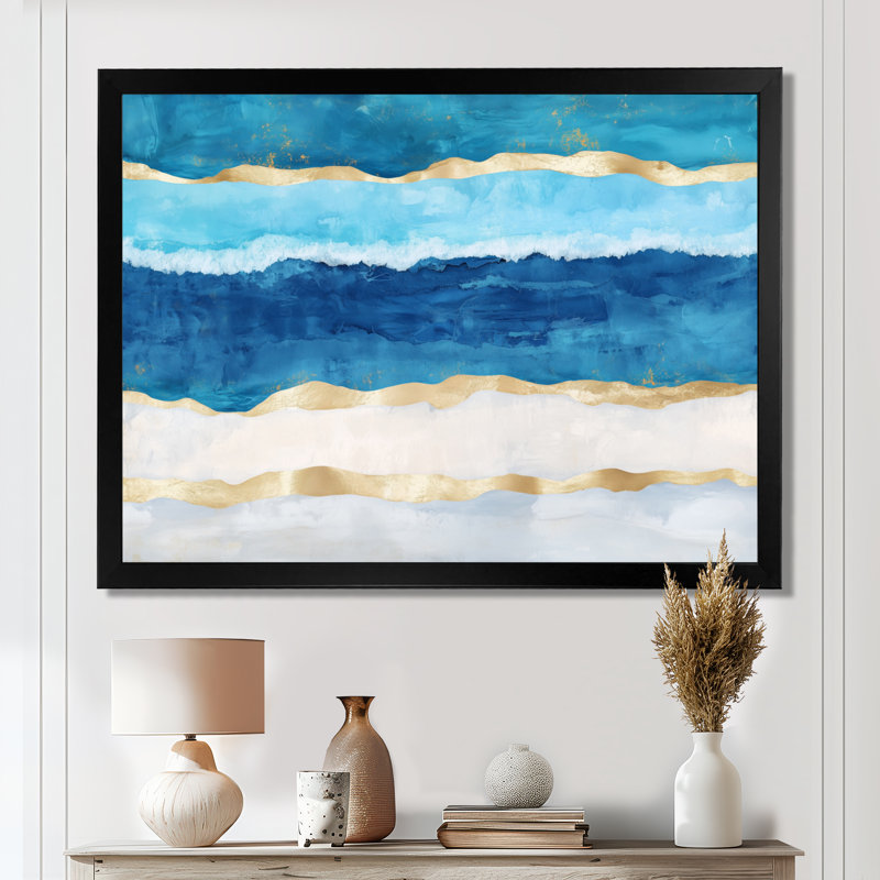 Tropical Wave Wall Art, Blue Gold Ocean Canvas, Cellie, H 34 po x l 44 po, Black Picture Framed