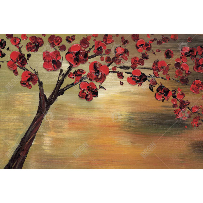 Arbre à fleurs rouges - Toile encadrée pour un décor vibrant, H 25,25 po x l 37,25 po