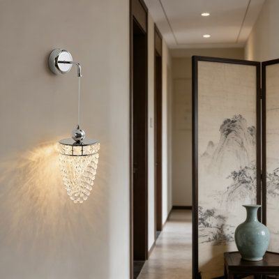 Modern Crystal Wall Sconce With K9 Clear Crystals, Cone Waterfall Design Chrome Finish Wall Light For Bedroom, Living Room, And Hallway Decor