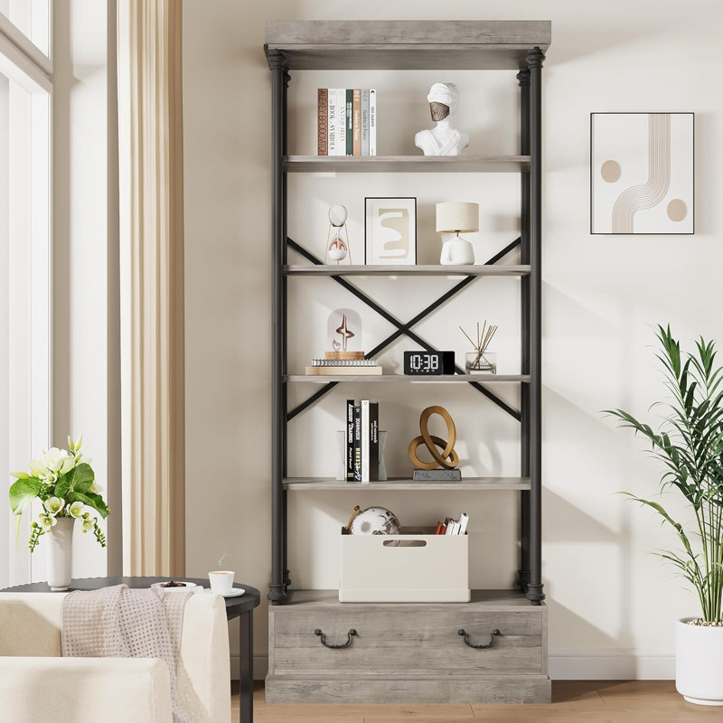 Gray Industrial Corner Bookshelf with Drawers and Metal Frame