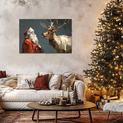 Rétro centre-ville - père Noël et renne, photos murales d'hiver, peinture sur toile de vacances pour salon, impressions de Noël sur toile tendue encadrée, 24 po x 32 po