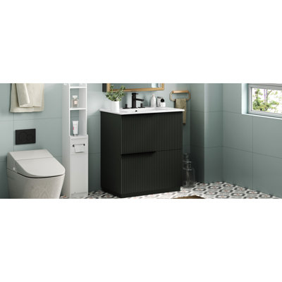 Meuble-lavabo de 30 po avec abat-jour, lavabo en céramique, glissières de tiroir à fermeture en douceur et conception cannelée pour une sophistication artisanale raffinée