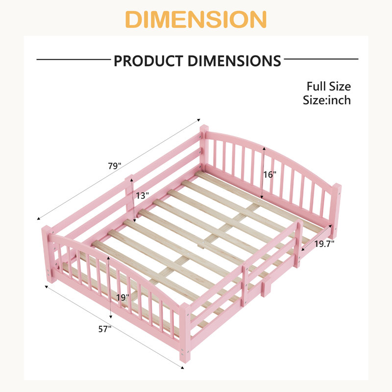 Solid Wood Floor Bed With Fence And Without Door, Full, Pink