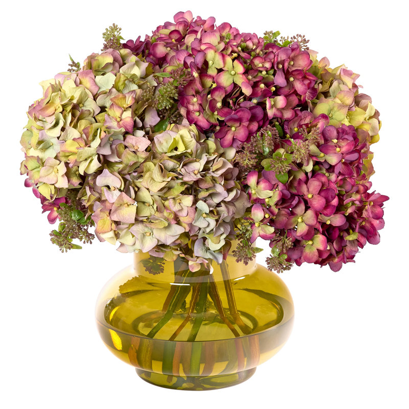  Fall Hydrangea Bouquet in Green Glass Vase