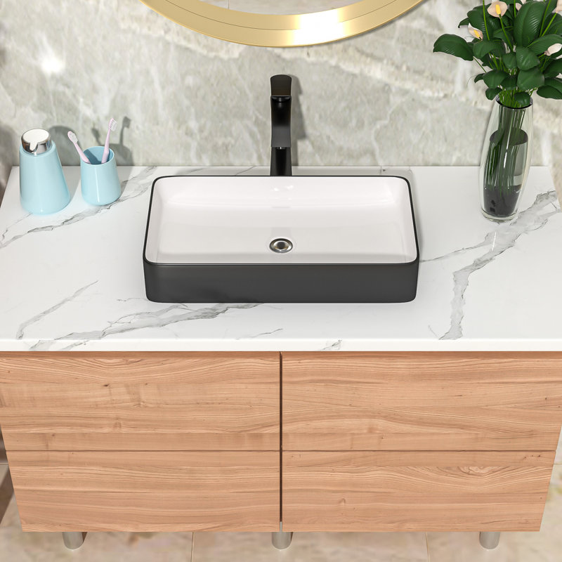 24" L x 14" W Vessel Rectangle Bathroom Sink Modern Above Counter Bathroom Sink Ceramic Art Basin