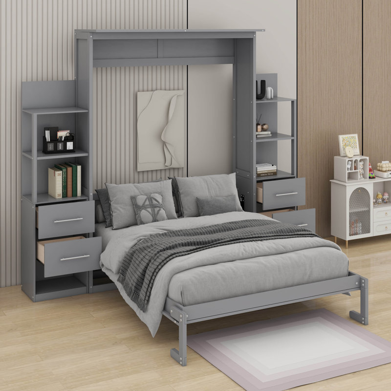 Grand lit escamotable avec tablettes, tiroirs et DEL, Gris