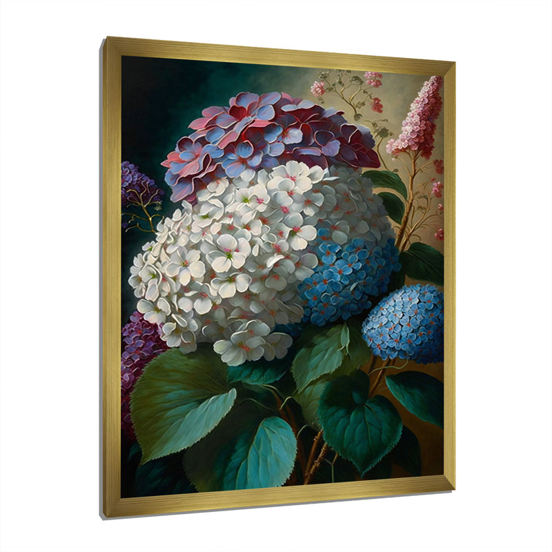 «Hydrangea Bouquet Retro Illustration I», reproduction sur toile, Cadre doré à une seule photo, H 44 po x l 34 po x P 1,5 po