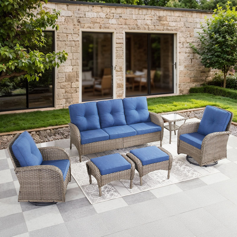 Valierius 6-Piece Outdoor Wicker Patio Furniture With 3 Seat Sofa & Swivel Chair, Coversation Set With Water Resistant Cushions