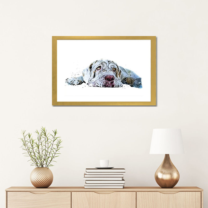 « L’amour du chiot Mastiff » par Edwatercolours-impression, H 16 po x l 24 po x P 1 po, Papier encadré doré, Blanc