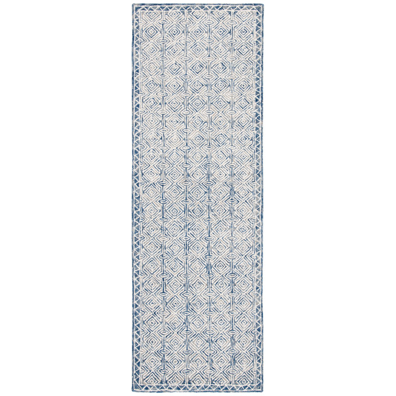 Basham Geometric Handmade Tufted Wool Navy/Cream Area Rug, Runner 2'3" x 8'