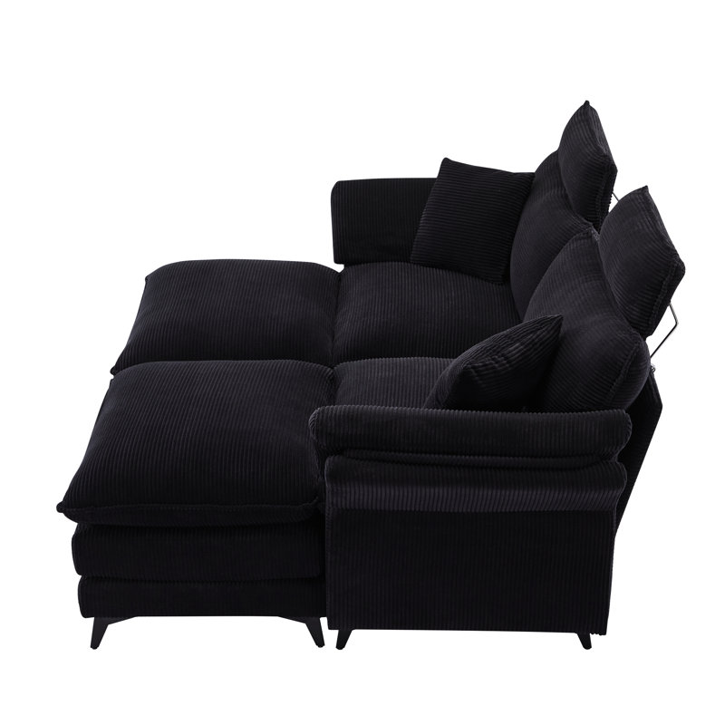 Canapé modulaire confortable en velours côtelé pour appartement de 85,8 po avec repose-pieds (salle de réception noire)