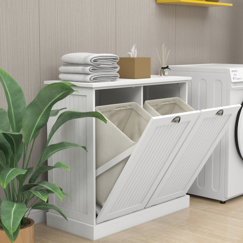 White Laundry Sorter Cabinet With Two Sections, , Painting Applied, Removable Cloth Bags, 100-Pound Load Capacity, Assembly Essential Compartments, Coated Surface, Easy Assembly, Capacity