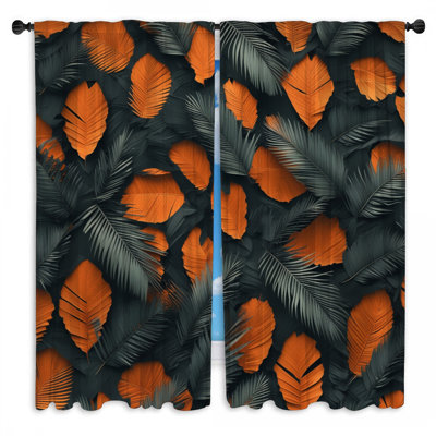 Orange Black Tropical Leaves Window Curtains Foliage Sheer & Room Darkening - 2 Panels