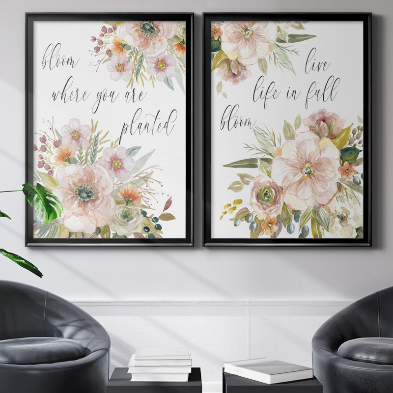«Peach Bloom I», ensemble de 2 impressions, H 30,5 po x l 42,5 po x P 3 po, Toile avec cadre noir, Pas de tapis