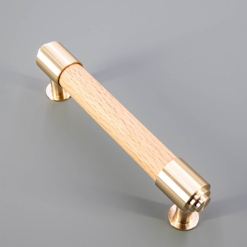 Solid Brass And Wood Cylindrical Cabinet Pull, 3.78", Brass/Oak