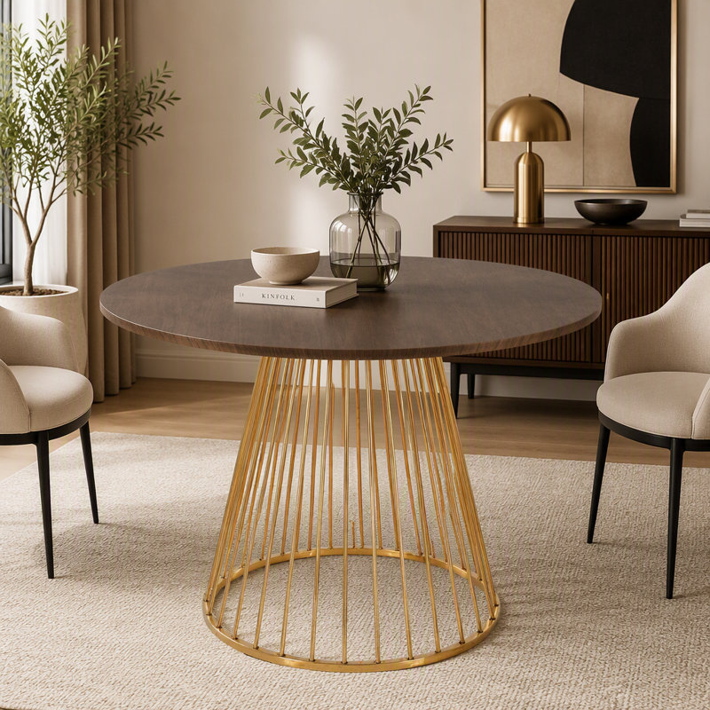 Table de salle à manger contemporaine en métal doré et bois de noyer