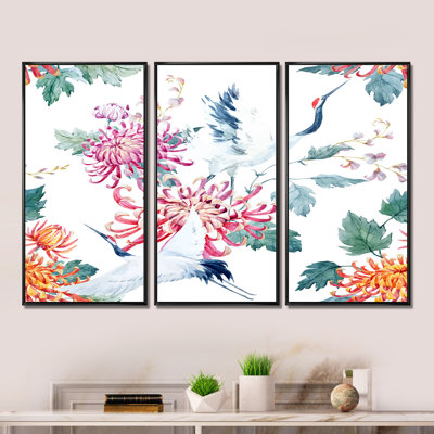 " Crane Bird WIth Blossoming Flowers " 3 - Pieces