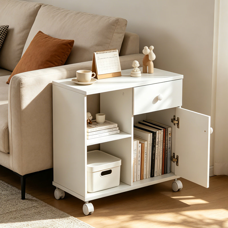 Classeur roulant avec tiroir, porte de rangement et tablettes ouvertes, Blanc