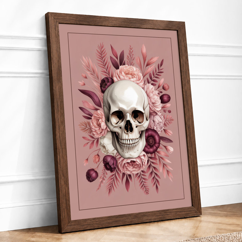 Skull in Bloom Botanical - Framed Print, A2 - 59.4 x 42.0 cm, Walnut