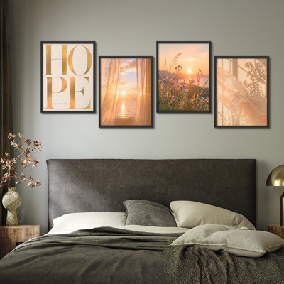Ensemble de 4 reproductions d'art encadrées - Espoir inspirant et scènes de lever de soleil pour le salon ou la chambre à coucher