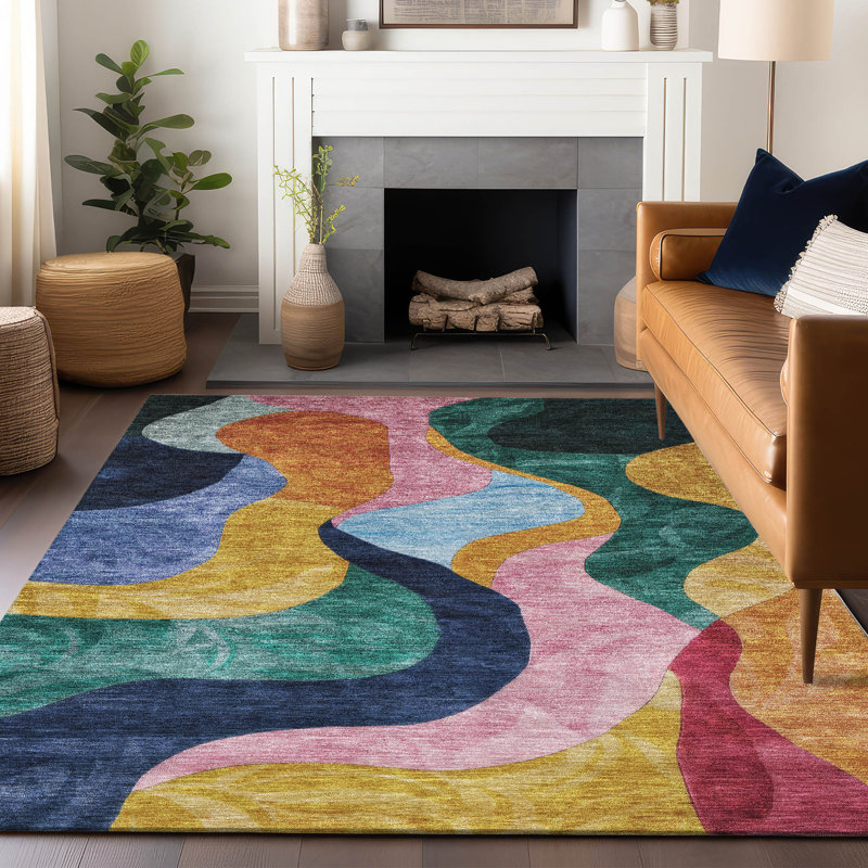 Multicolor Abstract Flat Woven Washable Synthetic Area Rug