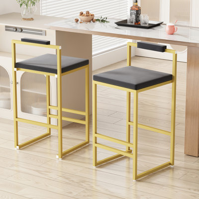 Carré - tabourets de bar gris en velours avec cadre doré, repose-pieds, de 2, convenant aux espaces de divertissement intérieurs, 2 grands espaces de cuisine dorés rembourrés