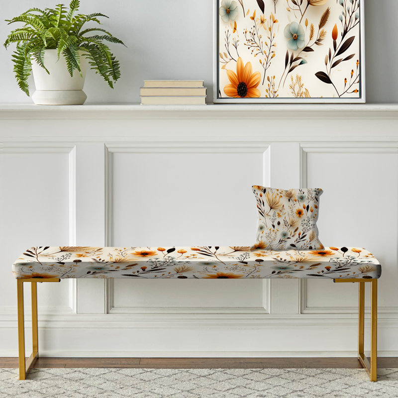 Minimalism Beige Ferns Pattern VI - Floral Upholstered Gold Bench