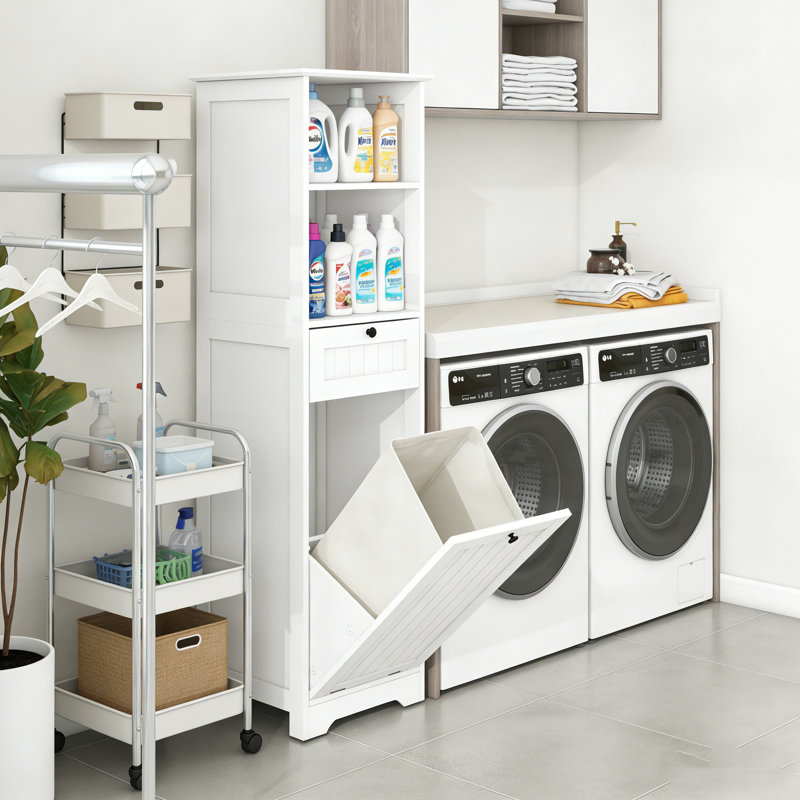 55.1" Tall Bathroom Storage Cabinet with Tilt-Out Laundry Hamper, Drawer and Shelves, Freestanding Laundry Hamper Linen Cabinet Organizer for Bathroom or Laundry Room