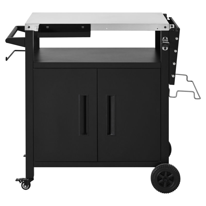 Outdoor Grill Cart With Storage Cabinet, Outdoor Metal Kitchen Island With Foldable Table, Pizza Oven Table With Wheels & Stainless Steel Top & Hooks & Spice Rack For BBQ,Waterproof Cover Included