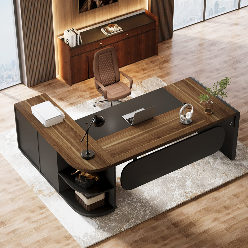 80.71-Inch L-Shaped Executive Desk, Large Office Table with File Cabinet, Brown