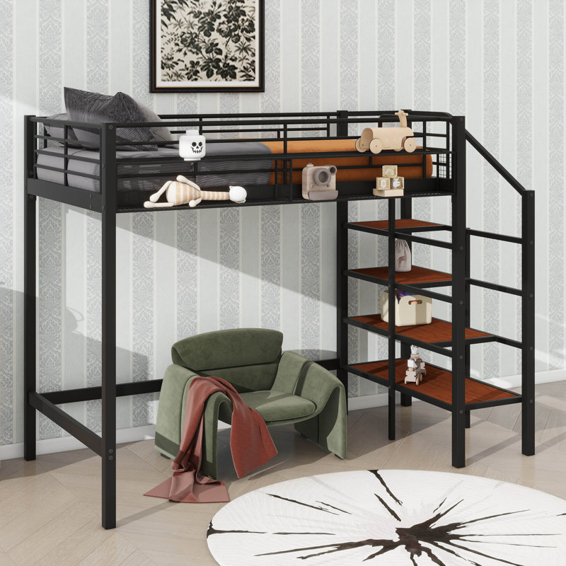 Lit mezzanine simple en métal, équipé d'une tablette de rangement supérieure et d'une échelle avec rangement latéral